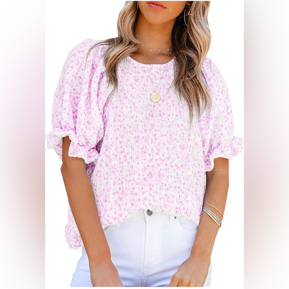 Dokotoo Floral Print Blouses for Women Crewneck Smocked Puff Sleeves 👚